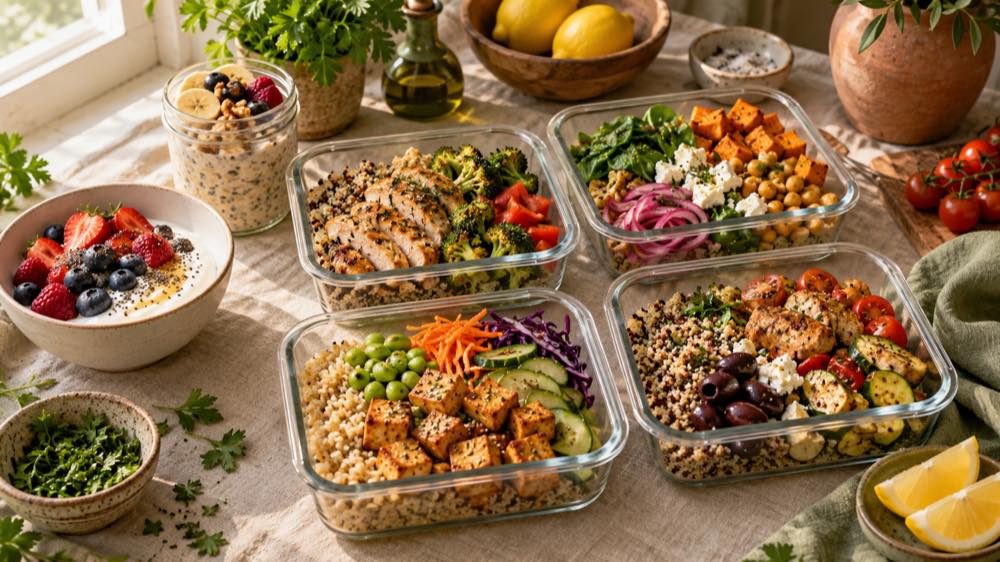 Заготовки обедов на неделю: курица, тофу, овощи, нут и цельные крупы
